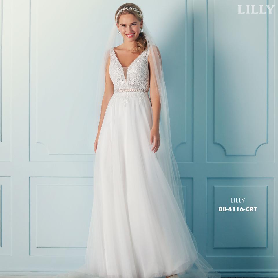 Enkel cremefarvet satin brudekjole